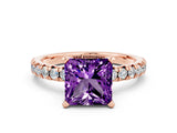 Rose gold Princess Cut Amethyst Solitaire Pavé Engagement Ring with Round Band and Prong Setting_12