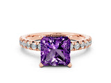 Rose gold Princess Cut Amethyst Solitaire Pavé Engagement Ring with Round Band and Prong Setting_72