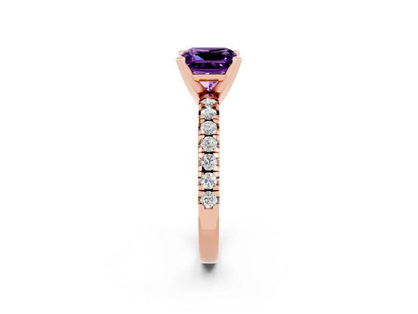 Rose gold Princess Cut Amethyst Solitaire Pavé Engagement Ring with Round Band and Prong Setting