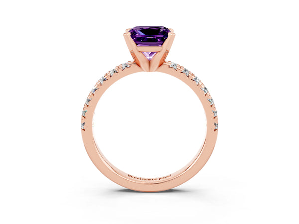 Rose gold Princess Cut Amethyst Solitaire Pavé Engagement Ring with Round Band and Prong Setting