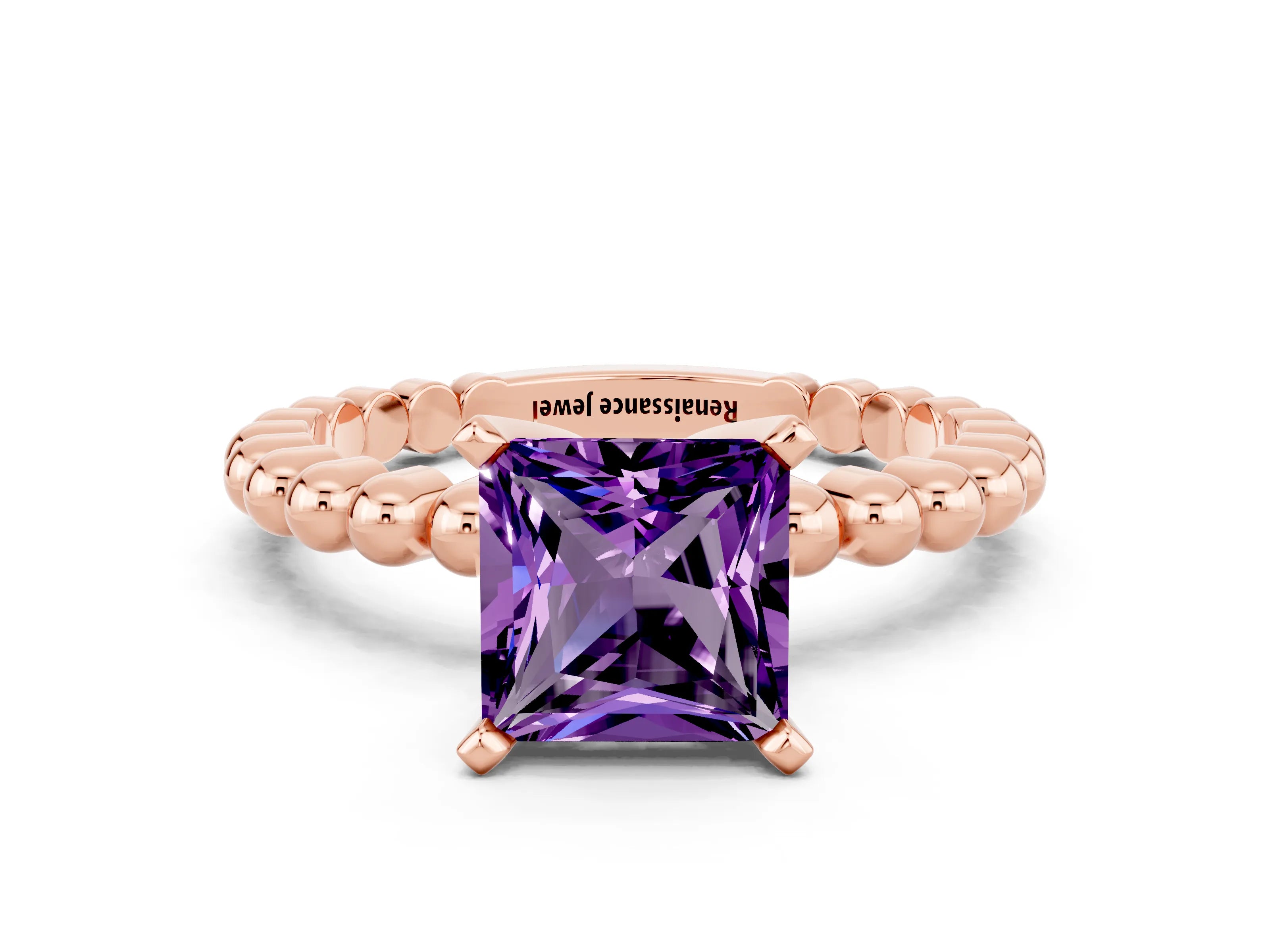 Rose gold Princess Cut Amethyst Solitaire Ring with Beaded Band and Prong Setting