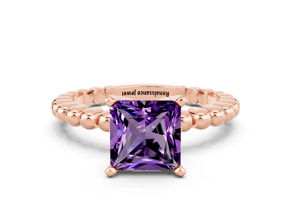 Rose gold Princess Cut Amethyst Solitaire Ring with Beaded Band and Prong Setting