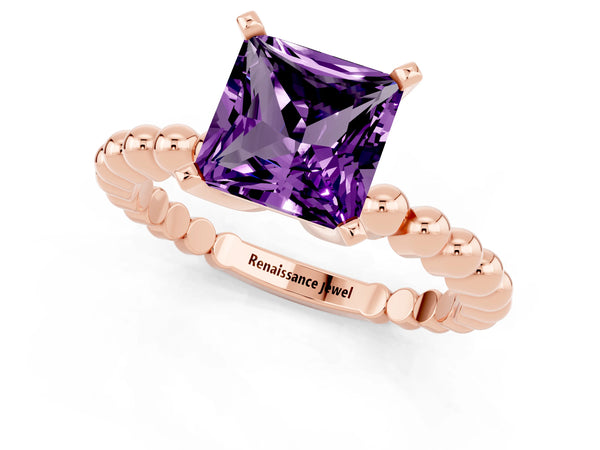 Rose gold Princess Cut Amethyst Solitaire Ring with Beaded Band and Prong Setting