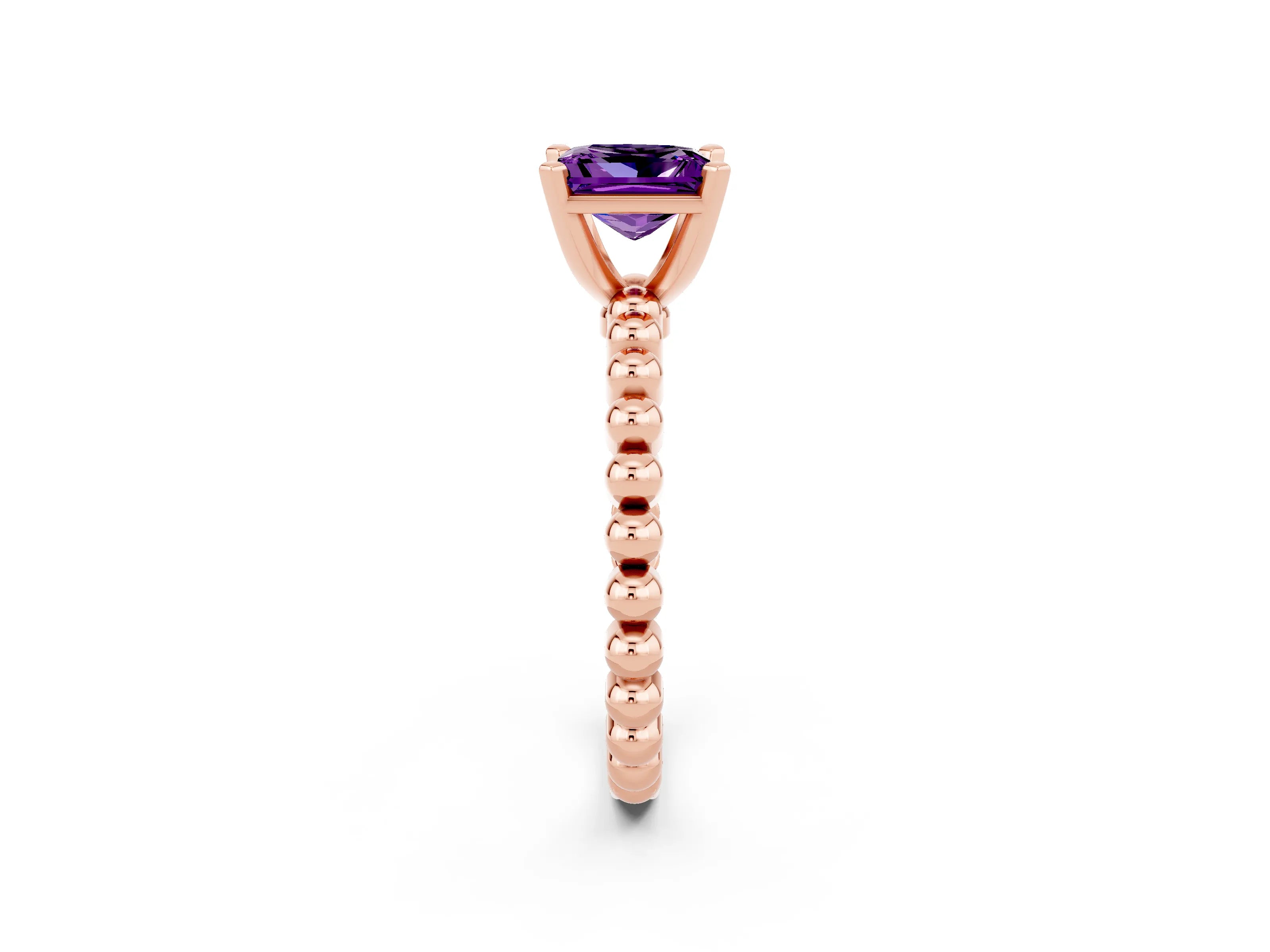 Rose gold Princess Cut Amethyst Solitaire Ring with Beaded Band and Prong Setting_2