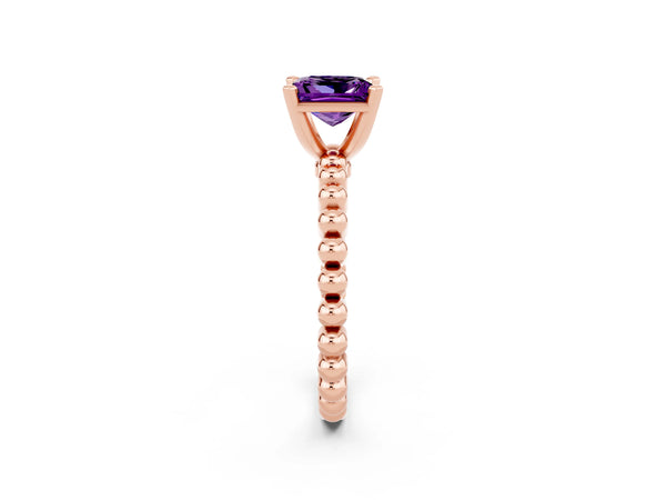 Rose gold Princess Cut Amethyst Solitaire Ring with Beaded Band and Prong Setting