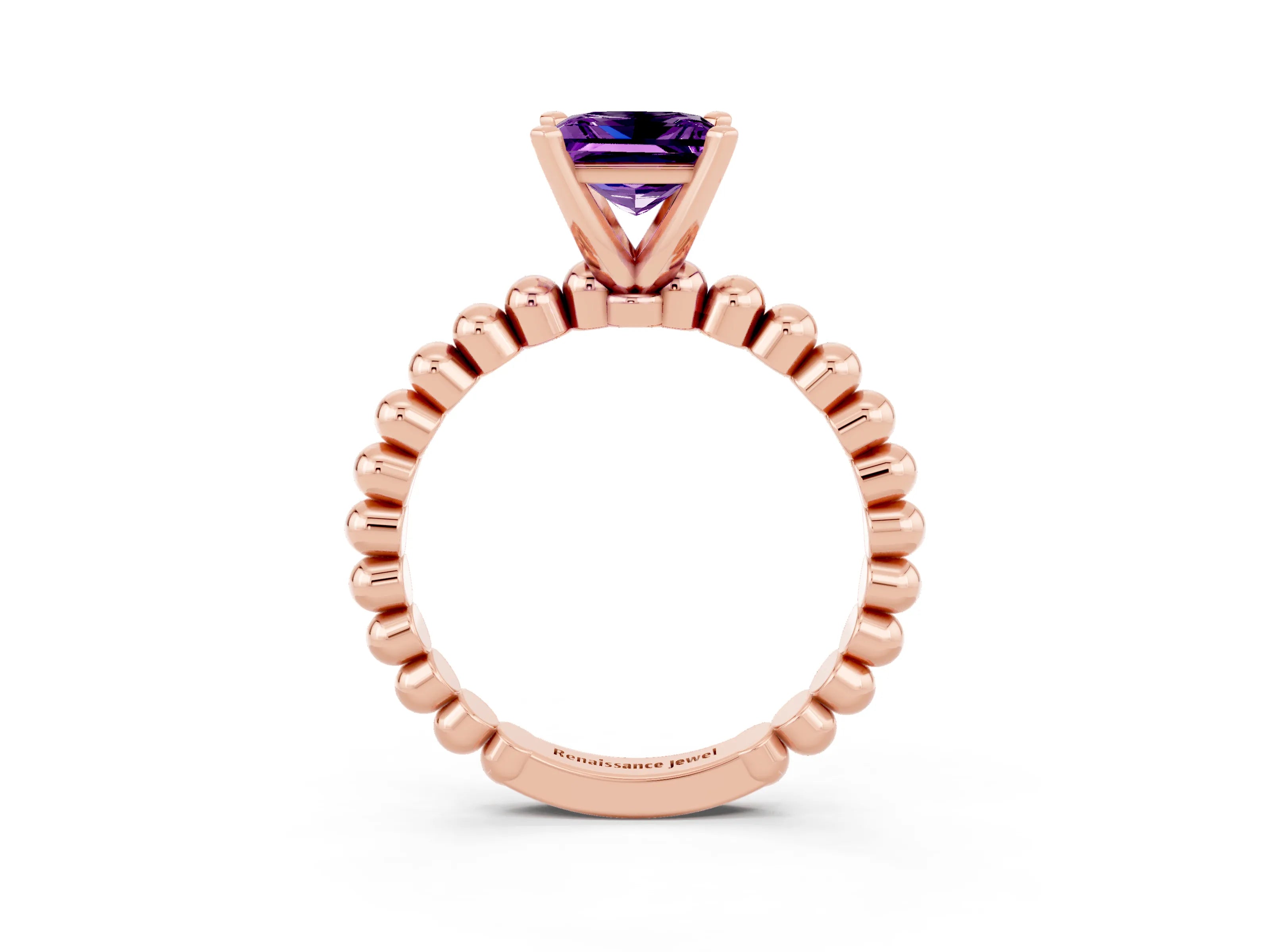 Rose gold Princess Cut Amethyst Solitaire Ring with Beaded Band and Prong Setting_3