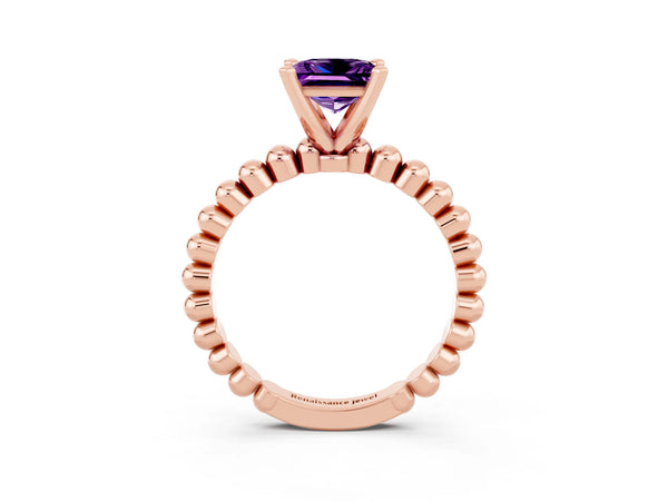 Rose gold Princess Cut Amethyst Solitaire Ring with Beaded Band and Prong Setting
