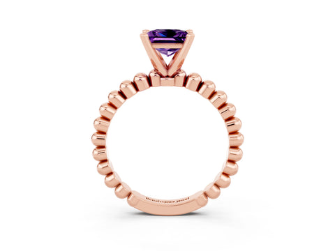 Rose gold Princess Cut Amethyst Solitaire Ring with Beaded Band and Prong Setting_3