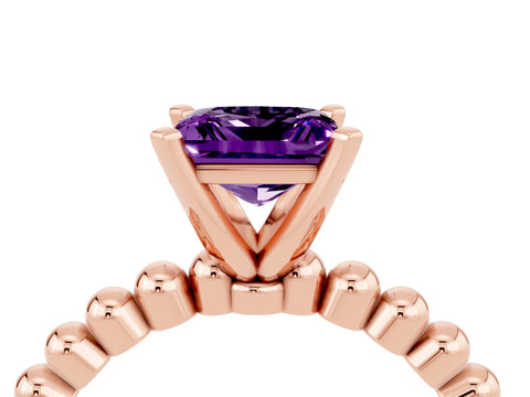 Rose gold Princess Cut Amethyst Solitaire Ring with Beaded Band and Prong Setting_4