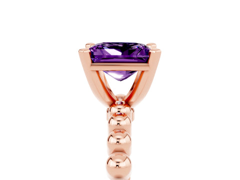 Rose gold Princess Cut Amethyst Solitaire Ring with Beaded Band and Prong Setting_5