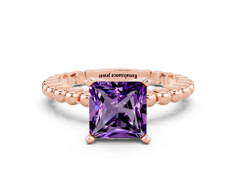 Rose gold Princess Cut Amethyst Solitaire Ring with Beaded Band and Prong Setting