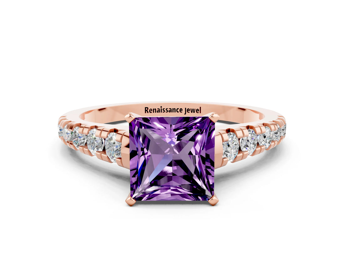 Rose gold Princess Cut Amethyst Solitaire Ring with Cathedral Setting and Pavé Band