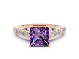 Rose gold Princess Cut Amethyst Solitaire Ring with Cathedral Setting and Pavé Band