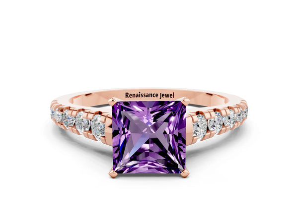 Rose gold Princess Cut Amethyst Cathedral Solitaire Ring with Round  Pavé Band