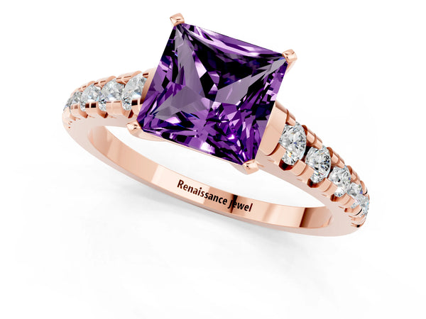 Rose gold Princess Cut Amethyst Cathedral Solitaire Ring with Round  Pavé Band