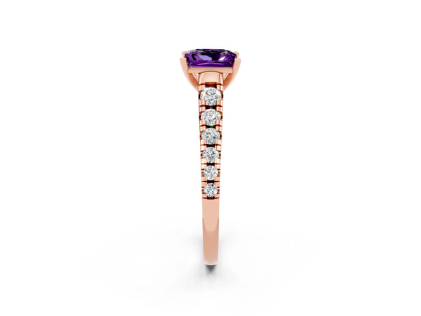 Rose gold Princess Cut Amethyst Cathedral Solitaire Ring with Round  Pavé Band
