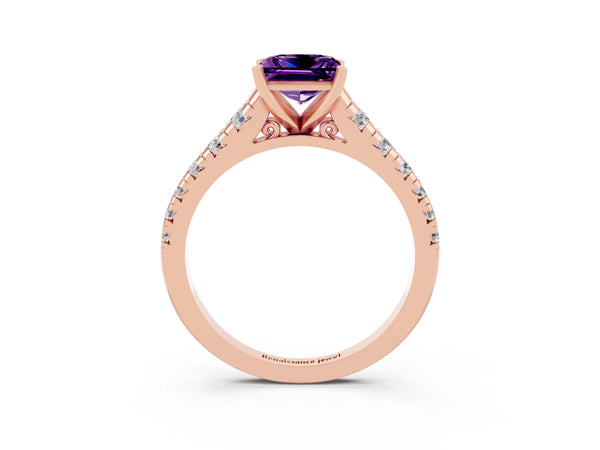 Rose gold Princess Cut Amethyst Cathedral Solitaire Ring with Round  Pavé Band