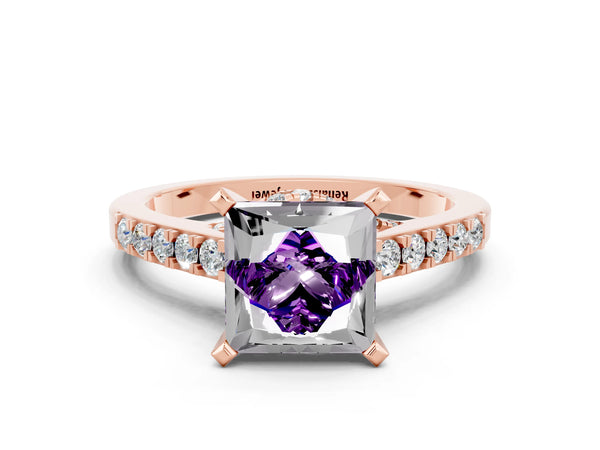 Rose gold Princess Cut Amethyst Solitaire Ring with Crossover Gallery and Round  Pavé Band