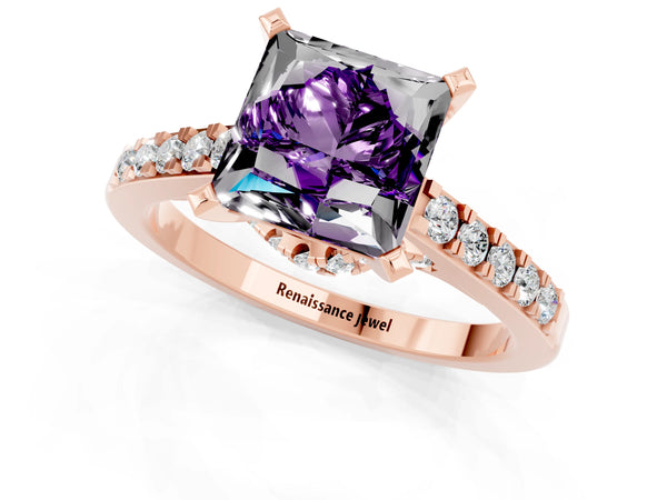 Rose gold Princess Cut Amethyst Solitaire Ring with Crossover Gallery and Round  Pavé Band