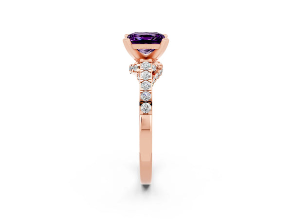 Rose gold Princess Cut Amethyst Solitaire Ring with Crossover Gallery and Round  Pavé Band