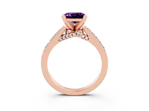 Rose gold Princess Cut Amethyst Solitaire Ring with Crossover Gallery and Round  Pavé Band