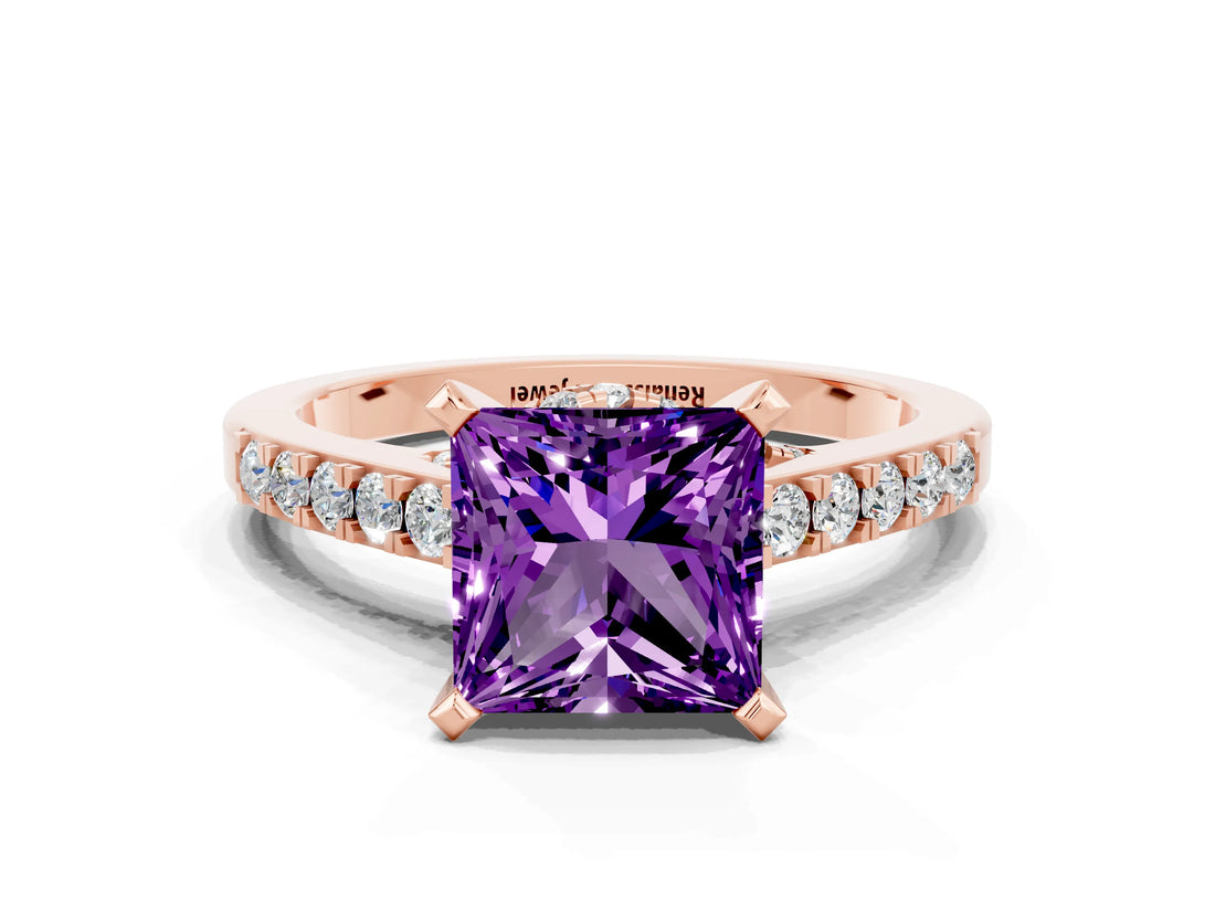 Rose gold Princess Cut Amethyst Solitaire Ring with Crossover Gallery and Round  Pavé Band_36