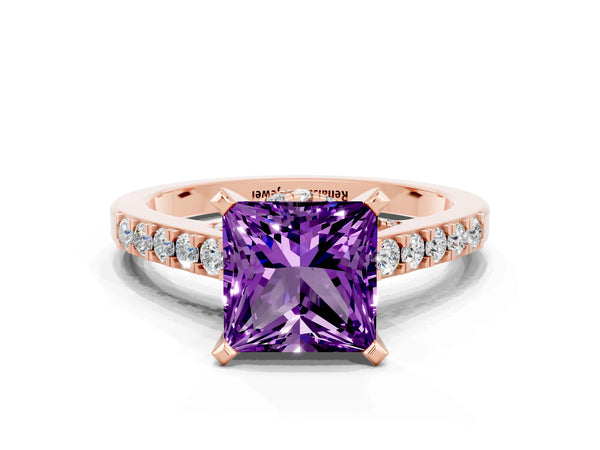 Rose gold Princess Cut Amethyst Solitaire Ring with Crossover Gallery and Round  Pavé Band
