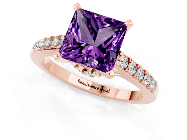 Rose gold Princess Cut Amethyst Solitaire Ring with Crossover Gallery and Round  Pavé Band