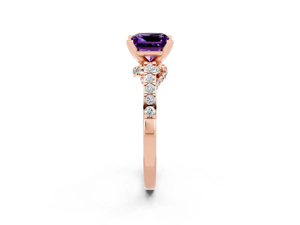 Rose gold Princess Cut Amethyst Solitaire Ring with Crossover Gallery and Round  Pavé Band