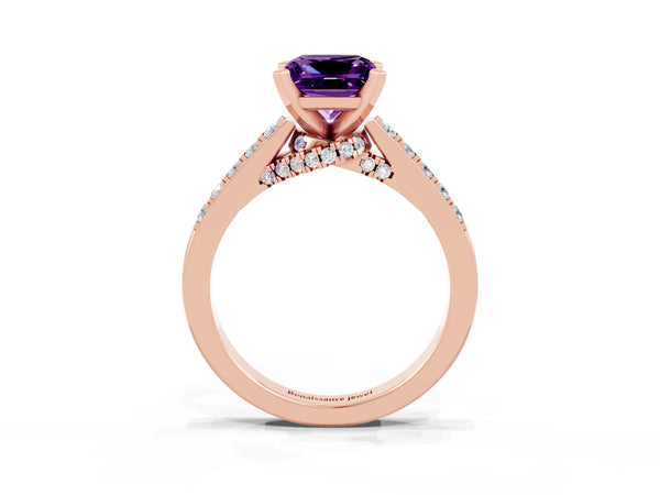 Rose gold Princess Cut Amethyst Solitaire Ring with Crossover Gallery and Round  Pavé Band