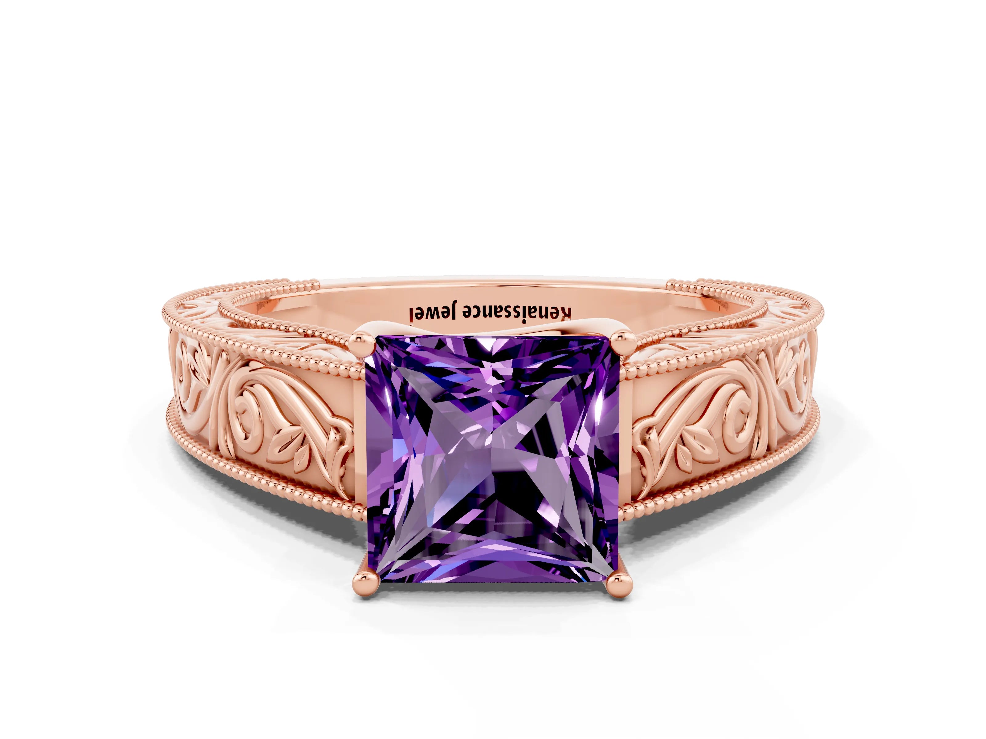 Rose gold Princess Cut Amethyst Solitaire Ring with Engraved Band and Four-Prong Setting