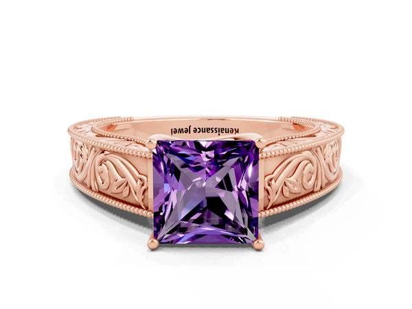 Rose gold Princess Cut Amethyst Solitaire Ring with Engraved Band and Four-Prong Setting