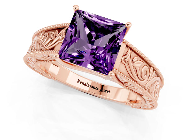 Rose gold Princess Cut Amethyst Solitaire Ring with Engraved Band and Four-Prong Setting