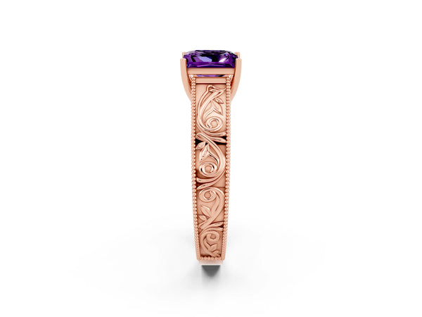 Rose gold Princess Cut Amethyst Solitaire Ring with Engraved Band and Four-Prong Setting