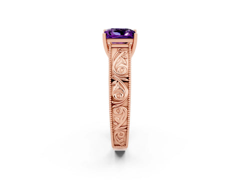 Rose gold Princess Cut Amethyst Solitaire Ring with Engraved Band and Four-Prong Setting_2