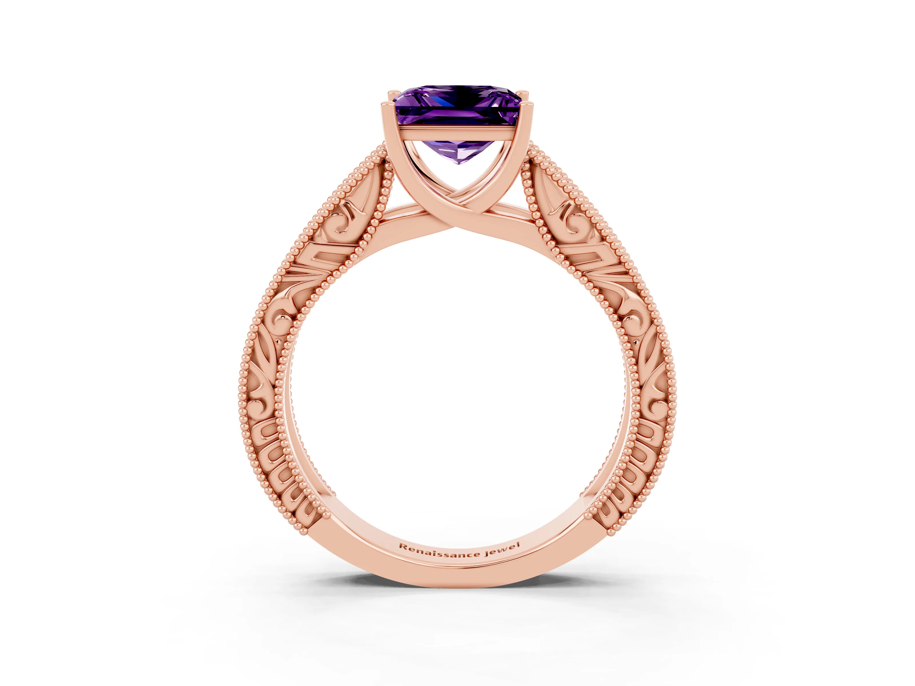 Rose gold Princess Cut Amethyst Solitaire Ring with Engraved Band and Four-Prong Setting_3