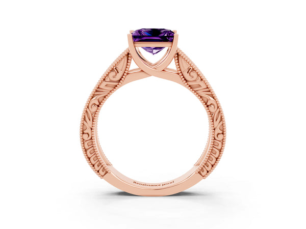 Rose gold Princess Cut Amethyst Solitaire Ring with Engraved Band and Four-Prong Setting