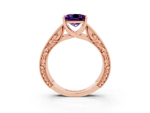 Rose gold Princess Cut Amethyst Solitaire Ring with Engraved Band and Four-Prong Setting_3