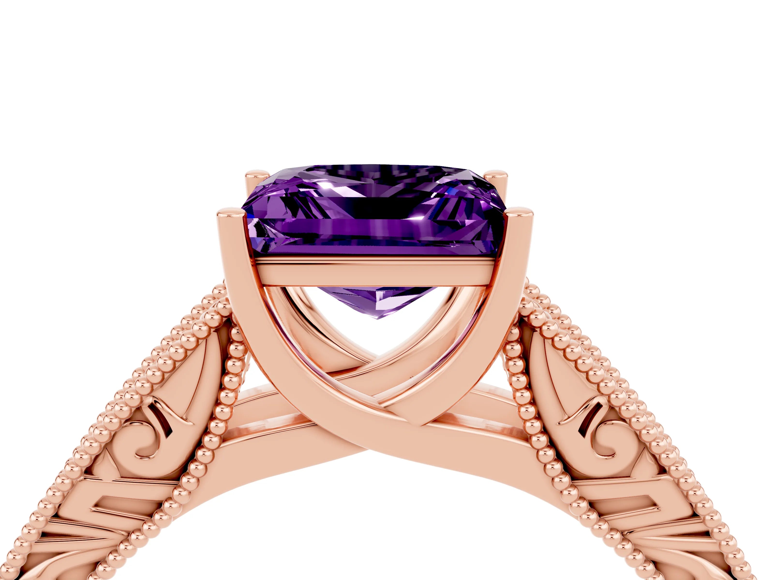 Rose gold Princess Cut Amethyst Solitaire Ring with Engraved Band and Four-Prong Setting_4