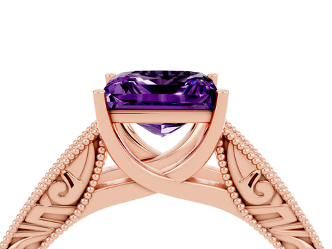 Rose gold Princess Cut Amethyst Solitaire Ring with Engraved Band and Four-Prong Setting_4