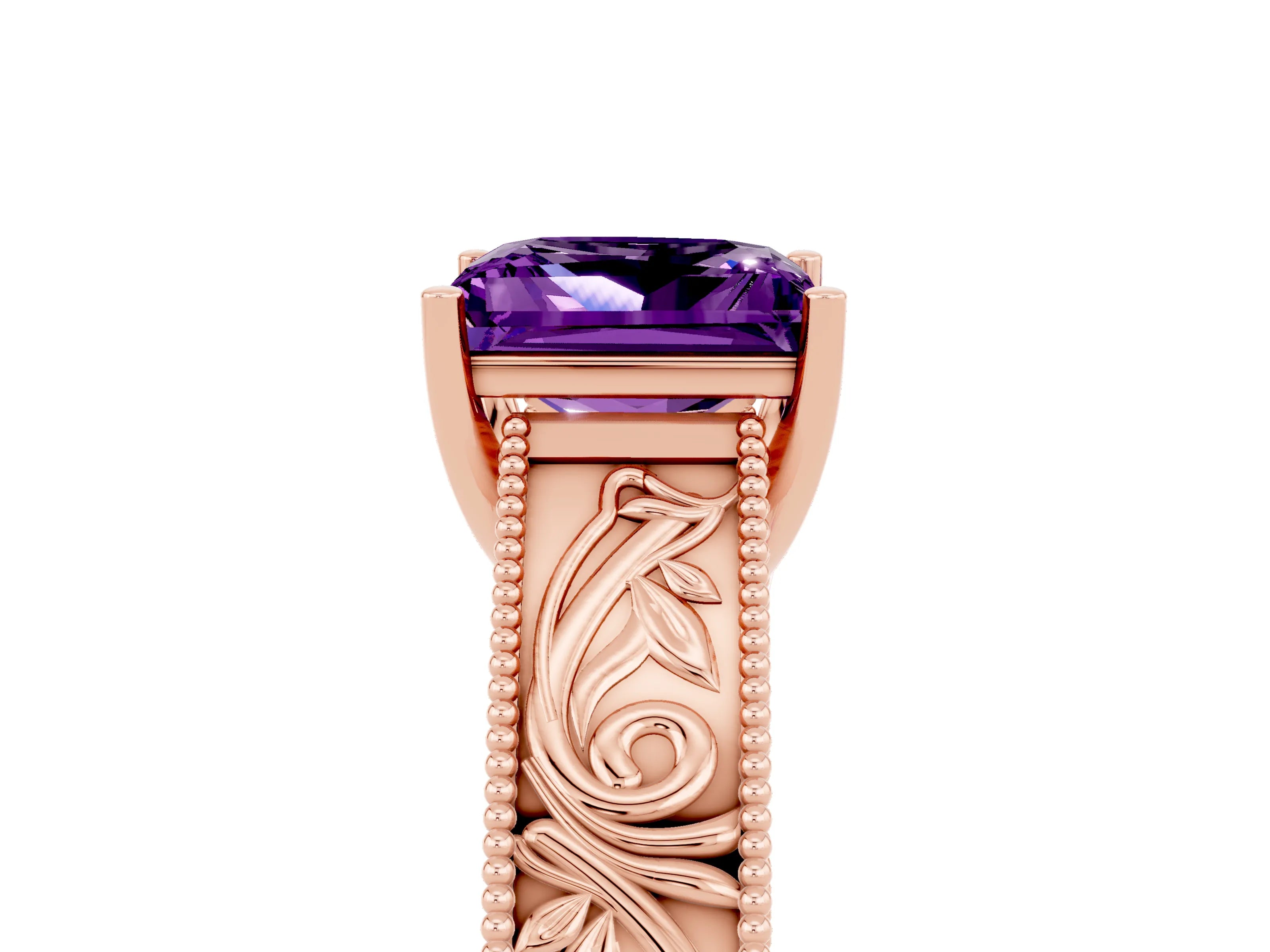 Rose gold Princess Cut Amethyst Solitaire Ring with Engraved Band and Four-Prong Setting_5
