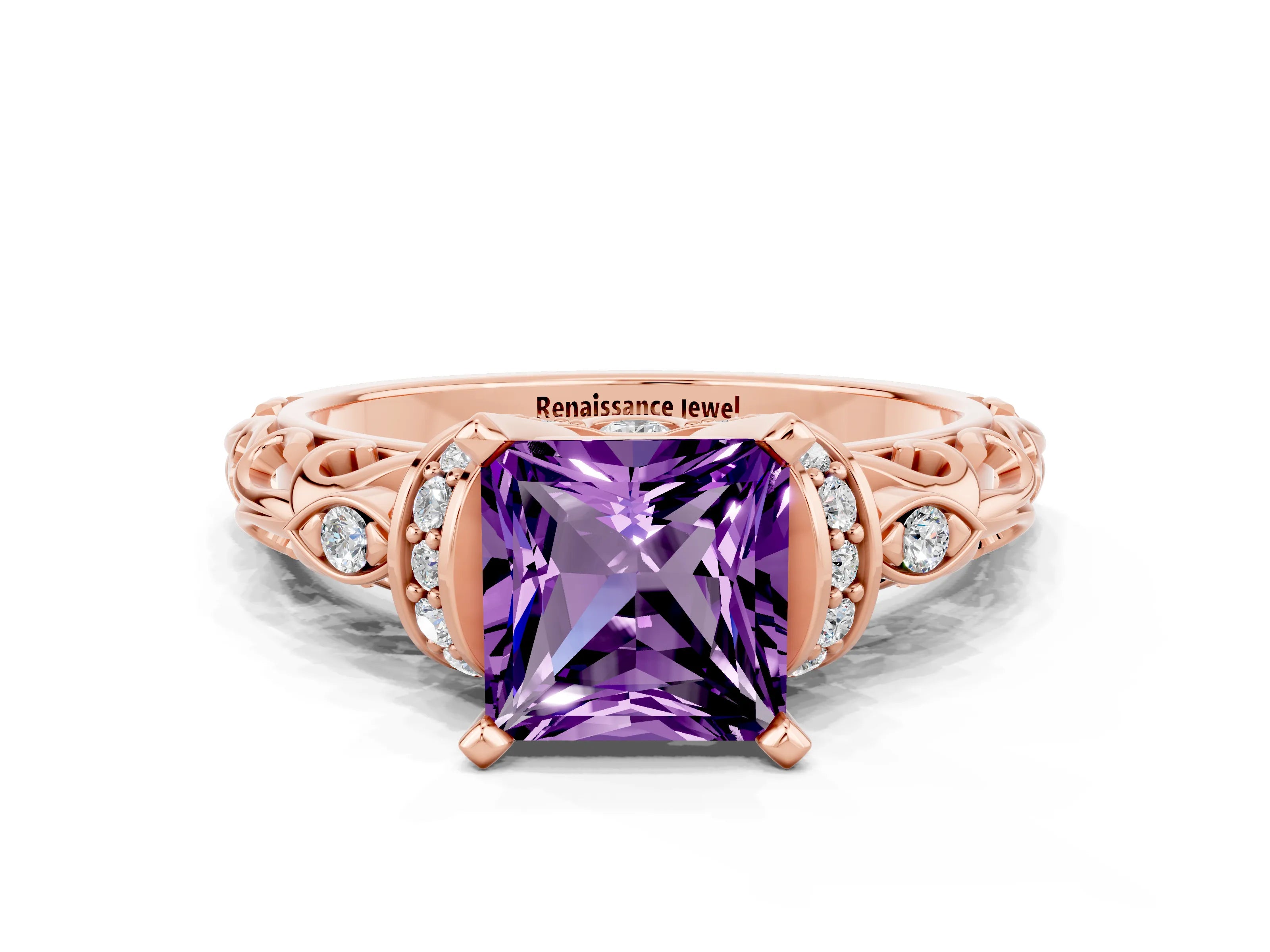 Rose gold Princess Cut Amethyst Solitaire Ring with Filigree Band and Four-Prong Setting_24