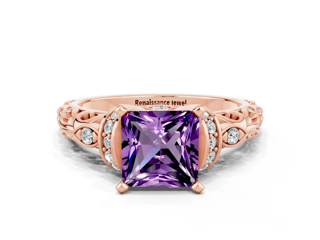 Rose gold Princess Cut Amethyst Solitaire Ring with Filigree Band and Four-Prong Setting_24