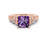 Rose gold Princess Cut Amethyst Solitaire Ring with Filigree Band and Four-Prong Setting_24