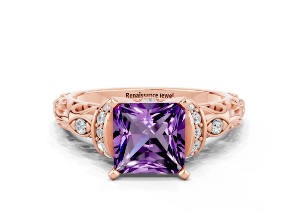 Rose gold Princess Cut Amethyst Solitaire Ring with Filigree Band and Four-Prong Setting
