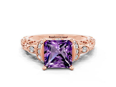 Rose gold Princess Cut Amethyst Solitaire Ring with Filigree Band and Four-Prong Setting_24