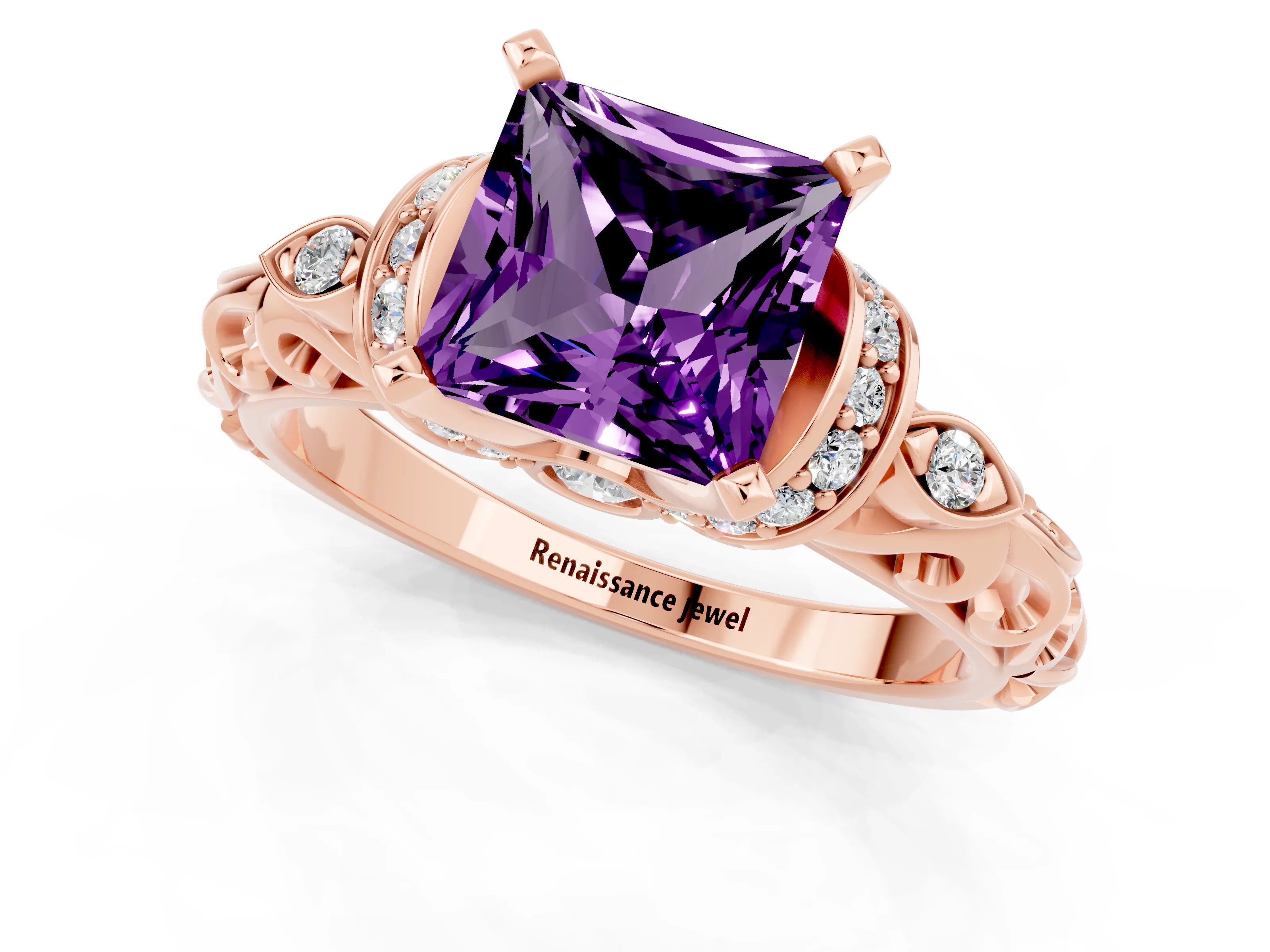 Rose gold Princess Cut Amethyst Solitaire Ring with Filigree Band and Four-Prong Setting_25