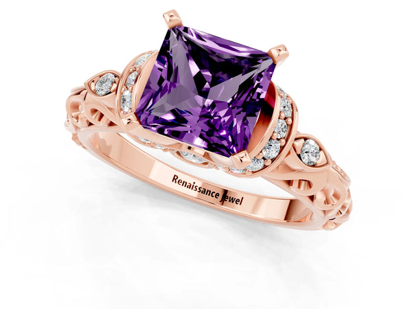 Rose gold Princess Cut Amethyst Solitaire Ring with Filigree Band and Four-Prong Setting
