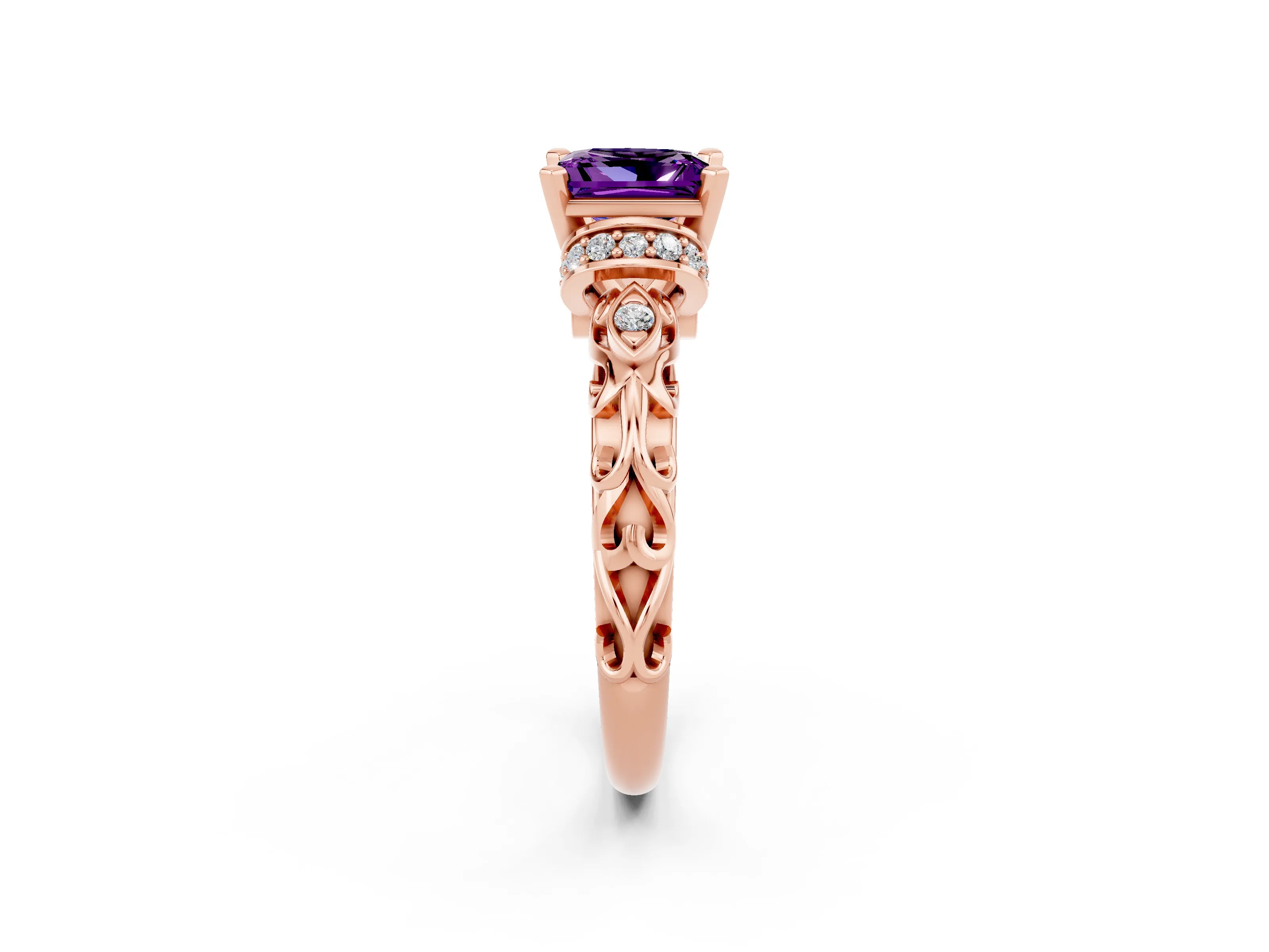 Rose gold Princess Cut Amethyst Solitaire Ring with Filigree Band and Four-Prong Setting_26