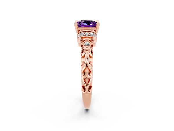 Rose gold Princess Cut Amethyst Solitaire Ring with Filigree Band and Four-Prong Setting